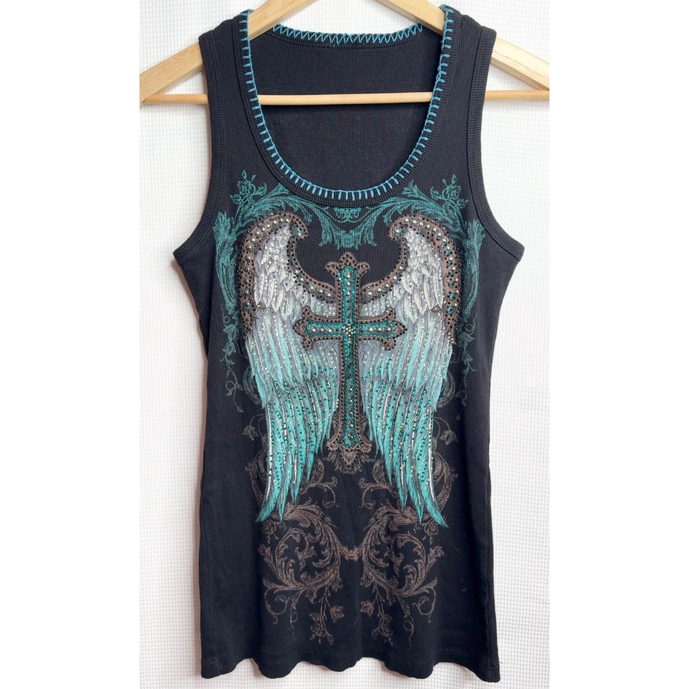 Biker Grunge Rhinestone Angel Wings Cross Ribbed Tank Top XL Black Gothic